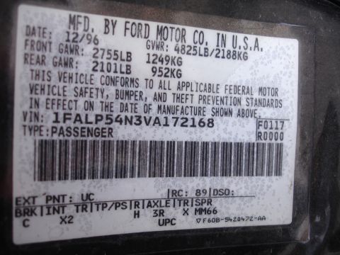 1993 Ford Taurus - This vehicle's VIN plate indicates a manufacture date of December 1996.
