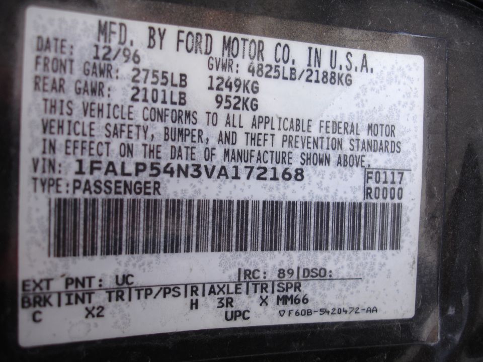 Ford VIN plate showing date 12/96 and VIN 1FALP54N3VA172168