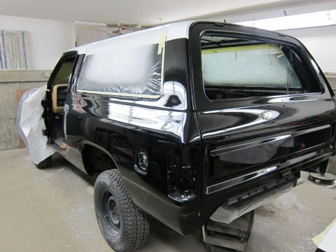 1987 Dodge 1500 - This Dodge Ramcharger SUV is undergoing bodywork, with windows taped off for protection.