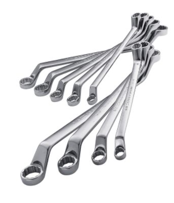 1990 Ford Bronco - A collection of metal wrenches, some with offset heads, are arranged in a group.