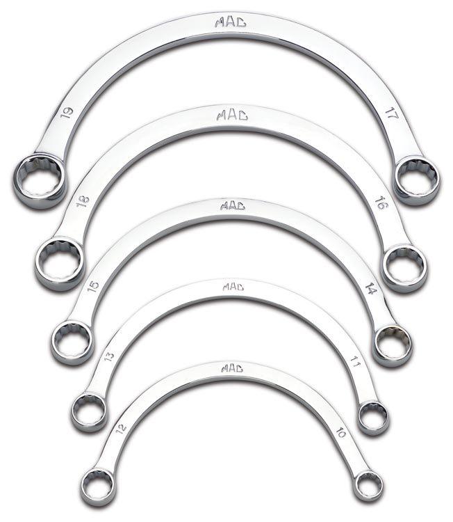 Set of five MAC Tools offset wrenches with sizes 10mm through 19mm stamped on them