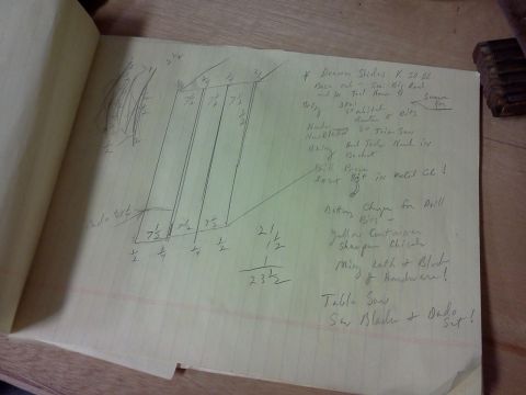 1996 Ford Bronco - A page from a notebook filled with handwritten notes, diagrams, and measurements, possibly for a woodworking or construction project.