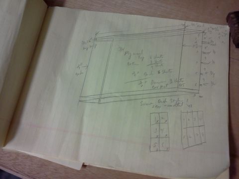 1996 Ford Bronco - Hand-drawn dimensioned build drawing of a plywood enclosure with measurements, slat counts and a cut list.