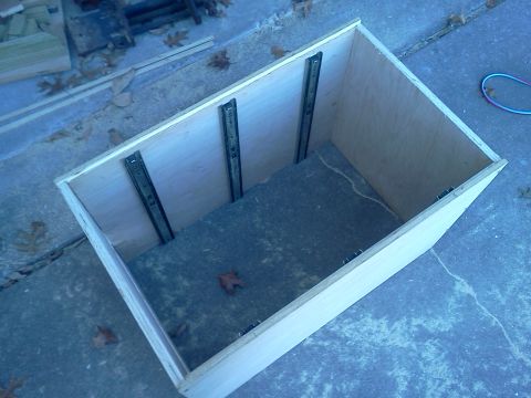 1996 Ford Bronco - Wooden box with drawer slides, likely for a custom build or repair project.