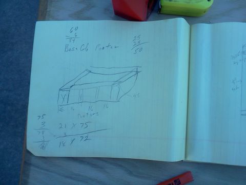 1996 Ford Bronco - A page from a notebook displays handwritten calculations and a diagram, possibly related to construction or a project.