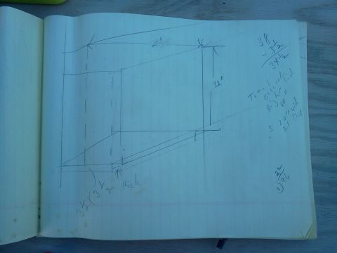 1996 Ford Bronco - Hand-drawn dimensioned build sketch of an enclosure with measurements and calculations on notebook paper.