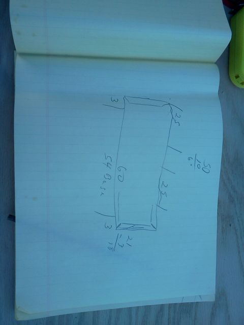 1996 Ford Bronco - Hand-drawn dimensioned build drawing of a rectangular box with side measurements on lined paper.