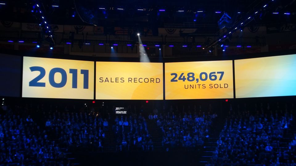 Stage with screens displaying 2011 sales record of 248,067 units sold