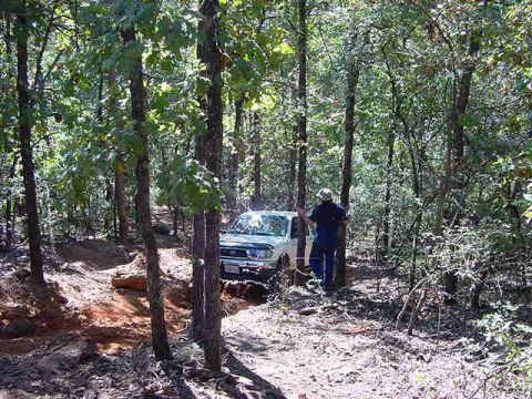 1986 Ford Bronco - A person watches a white SUV drive through a wooded, off-road trail.