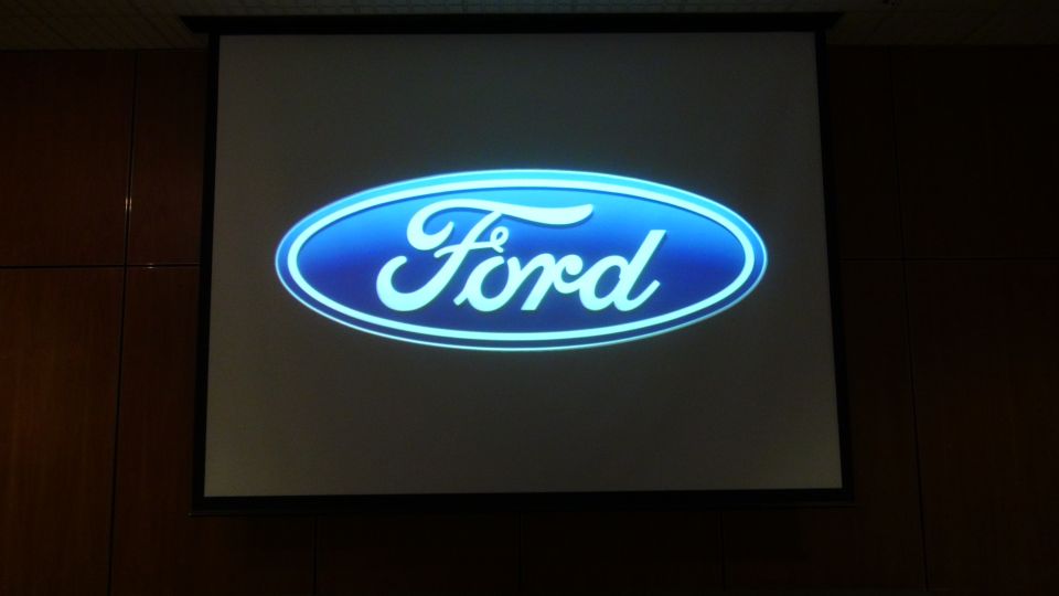 Ford logo projected on a screen