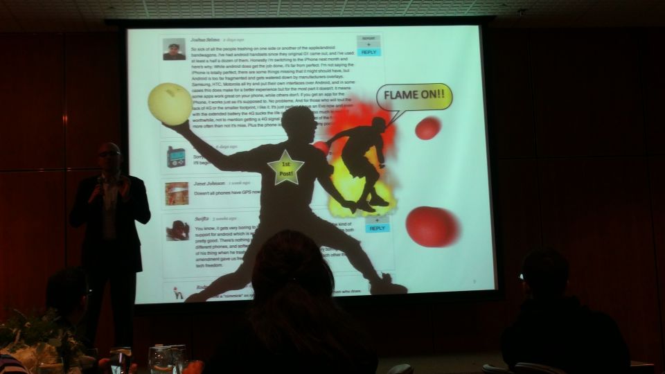 Presentation slide showing a silhouette of a person holding a ball, with comments and graphics