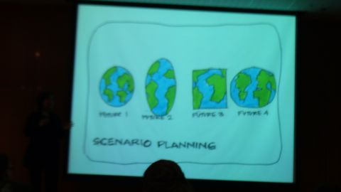 1993 Ford Taurus - Presentation slide illustrating scenario planning with different representations of Earth.
