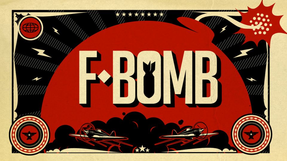 Poster with 'F-BOMB' text and two airplanes flying