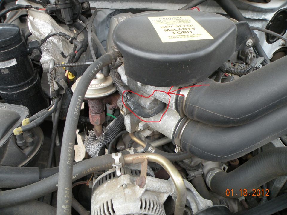 1996 Ford Bronco engine bay with hoses and engine components visible. Label reads McLarty Ford