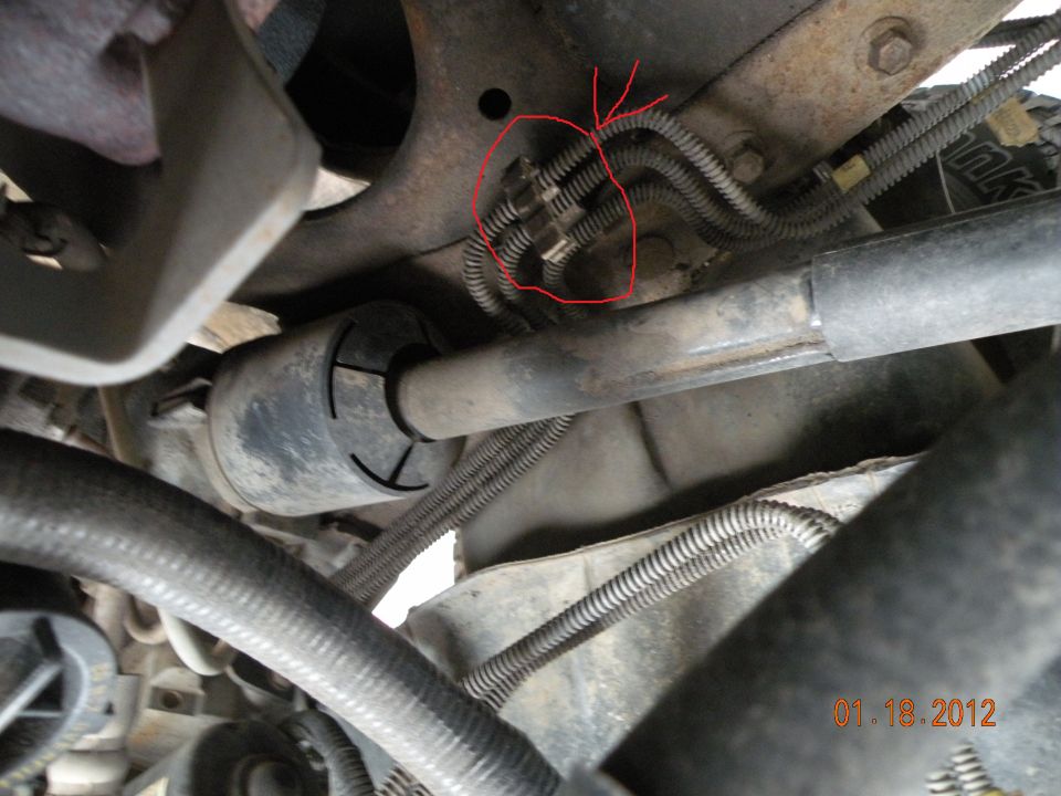 Undercarriage view of coiled fuel or brake lines with one section circled in red marker