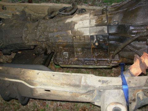 1983 Ford Bronco - The underside of a vehicle shows a heavily soiled transmission and frame components.