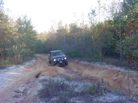 1986 Ford Bronco - A black pickup truck navigates a sandy, rutted trail surrounded by autumn foliage.