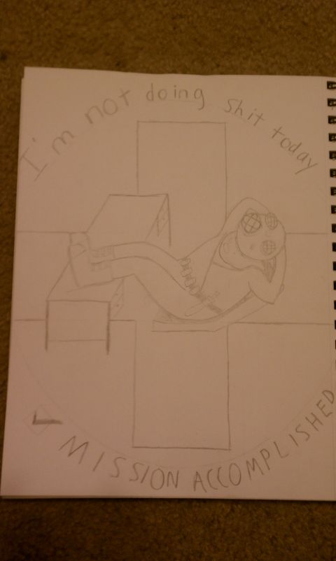 1989 Ford Bronco - A drawing depicts a figure relaxing, with the phrases 'I'm not doing shit today' and 'MISSION ACCOMPLISHED'.