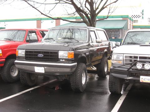 1994 Ford Bronco - Three trucks, including a black Ford Bronco, are parked in a lot on a cloudy day.
