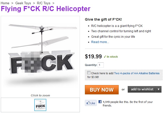 R/C helicopter with "F*CK" text