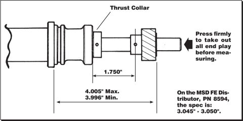 1990 Ford Bronco - Dimensioned drawing of a distributor shaft and thrust collar with measured tolerances and MSD FE end-play spec of 3.045-3.050 inches.