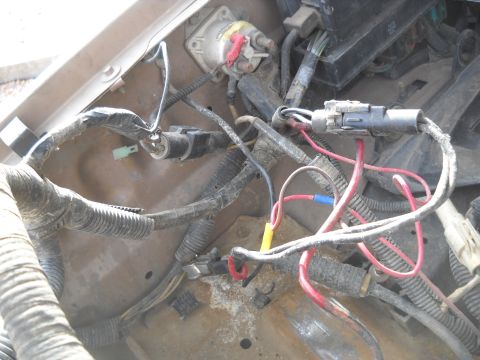 1992 Ford Explorer - Close-up view of a vehicle's engine wiring harness, showing various connectors and wires.
