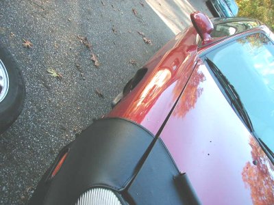1997 Ford Taurus - A red car is partially covered by a black car bra, seen from a front quarter angle.