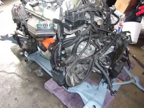 1991 Ford Taurus - Engine assembly on a stand, likely for an engine swap, with an orange oil filter visible and a SuperMotors watermark.