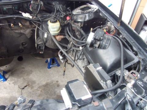 1991 Ford Taurus - Engine bay components visible, car is supported by jack stands.