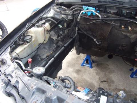 1991 Ford Taurus - The engine bay of a car is shown with components removed and the vehicle elevated on jack stands.