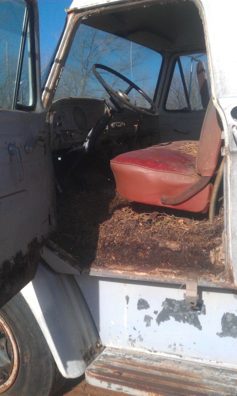 1973 Ford F-100 - Interior view of a 1973 Ford F-100 cab, filled with debris and showing signs of age.