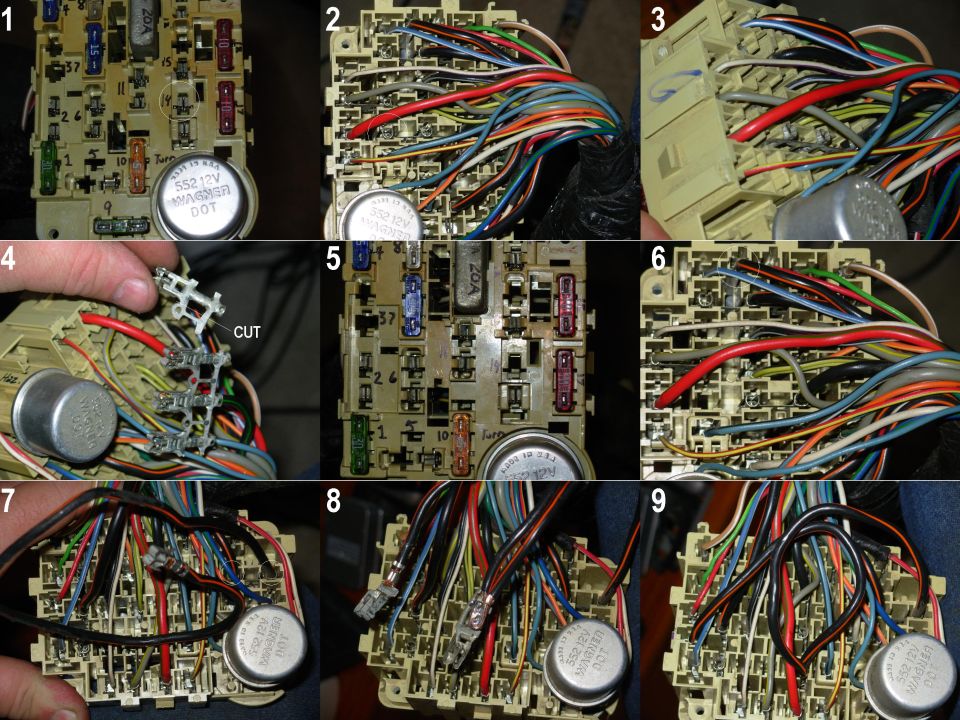 Nine-panel collage of fuse box and wiring harness rear with connectors