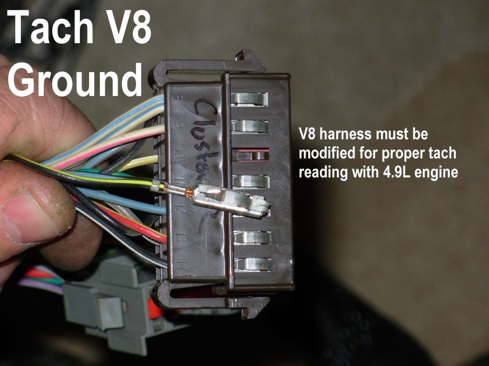Since the truck originally had a 5.8L, I had to make this simple mod for the tach to work right with my 4.9L: just delete the ground (I pulled the terminal, but the wire could be cut) for the tach "8" input, and the tach will read 3 pulses as 1 rev, instead of 4.

It's possible that this wasn't necessary due to the engine harness' construction, but I wanted to be sure the tach was right.