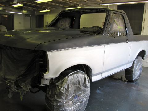 1992 Ford Bronco - This Ford Bronco is undergoing bodywork and is covered in primer, ready for a new paint job.