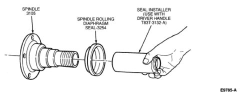 1995 Ford Bronco - Technical diagram illustrates the installation of a spindle rolling diaphragm seal using a specialized tool.