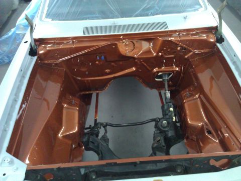 1971 Dodge Dart - Engine bay of a 1971 Dodge Dart freshly painted copper, ready for reassembly.