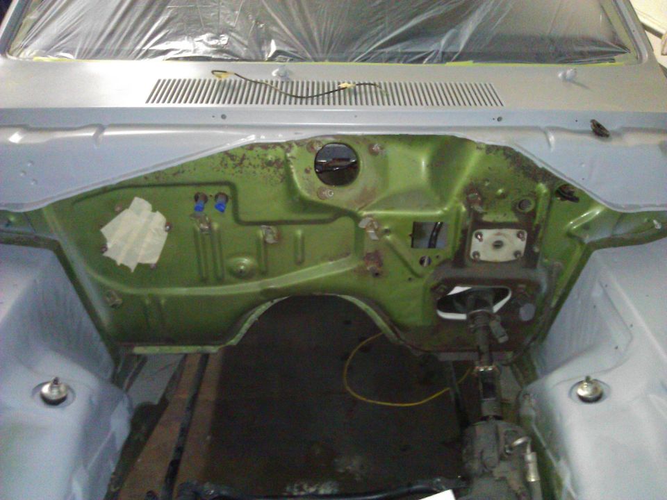 1971 Dodge Dart engine bay firewall, green and gray primer
