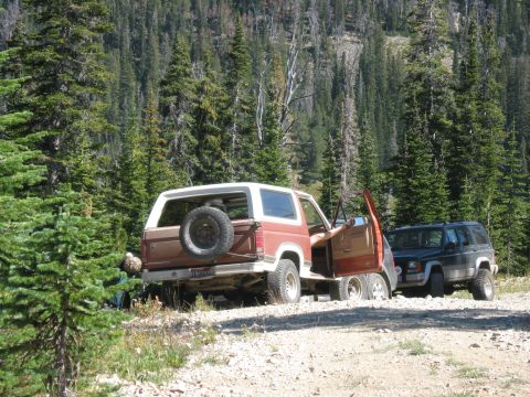 1981 Ford Bronco - Two SUVs are parked on a dirt road surrounded by trees.