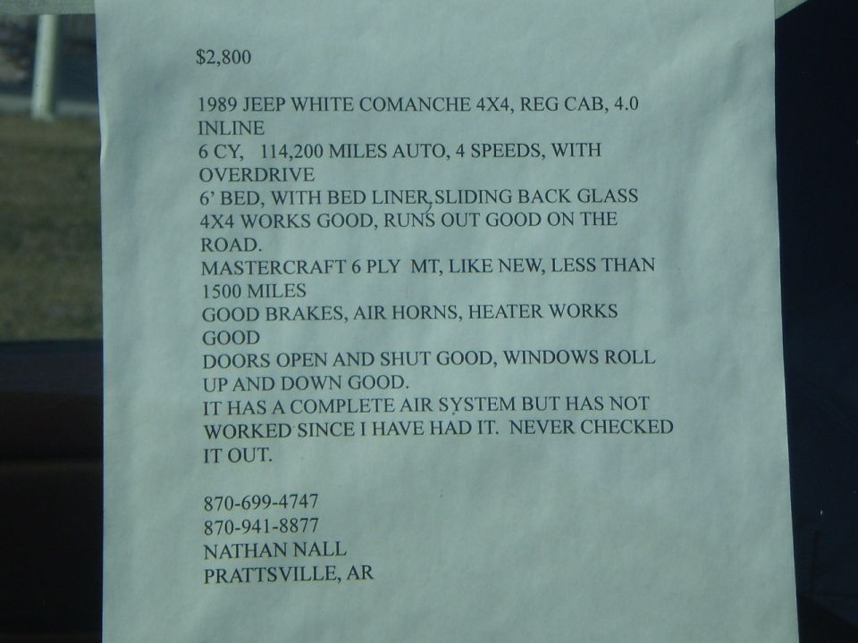 White paper with black text detailing a 1989 Jeep Comanche 4x4 for sale