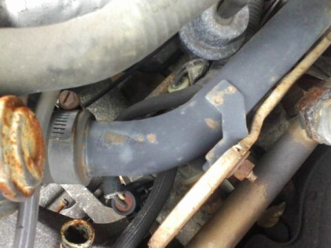 1988 Ford F-150 - A close-up view of various engine hoses and metal clamps, with some signs of rust visible.