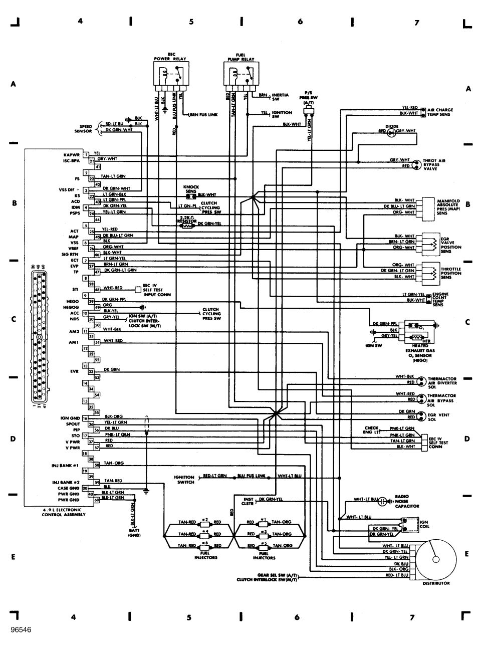 4.9L EFI EEC electrical wiring diagram with relays, sensors, and color-coded circuits
