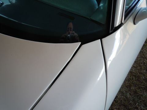 1982 Chevrolet Camaro - A close-up view of a white car's hood and windshield, showing a reflection of the photographer.