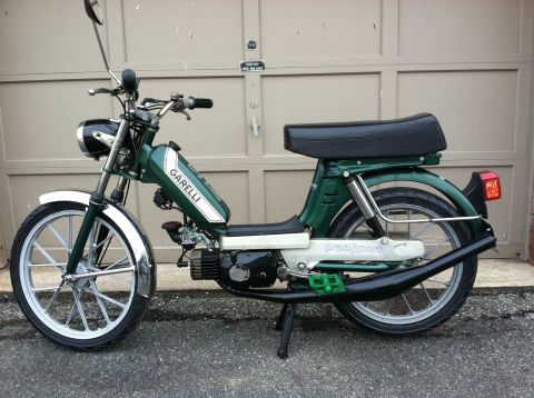 1981 Garelli Rally Sport - A green moped with a black seat and exhaust pipe is parked in front of a garage door.