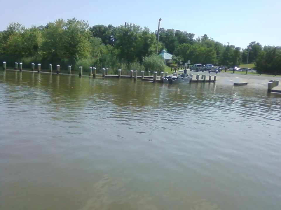 boats docked at a ramp with trucks parked nearby