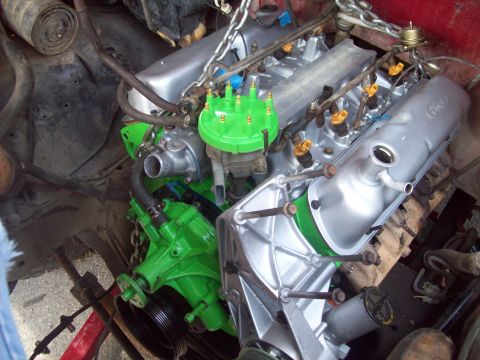 1989 Ford Bronco - Close-up view of a Ford V8 engine, possibly undergoing maintenance or rebuild.