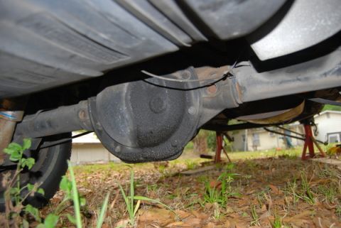 1989 Ford Bronco - The underside of a vehicle shows its rear axle, fuel tank, and exhaust system, supported by jack stands.