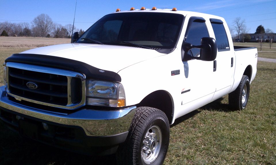 White 2002 Ford F-250 pickup truck parked on grass