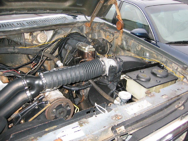 Open engine bay with black ribbed air intake tube and white fluid reservoir