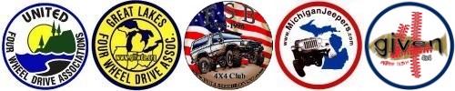 Five round four-wheel-drive club and association logo decals in a row