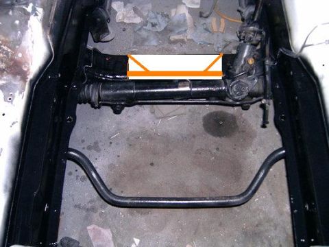 1978 Ford Mustang II - Undercarriage view of a vehicle's steering and suspension components.